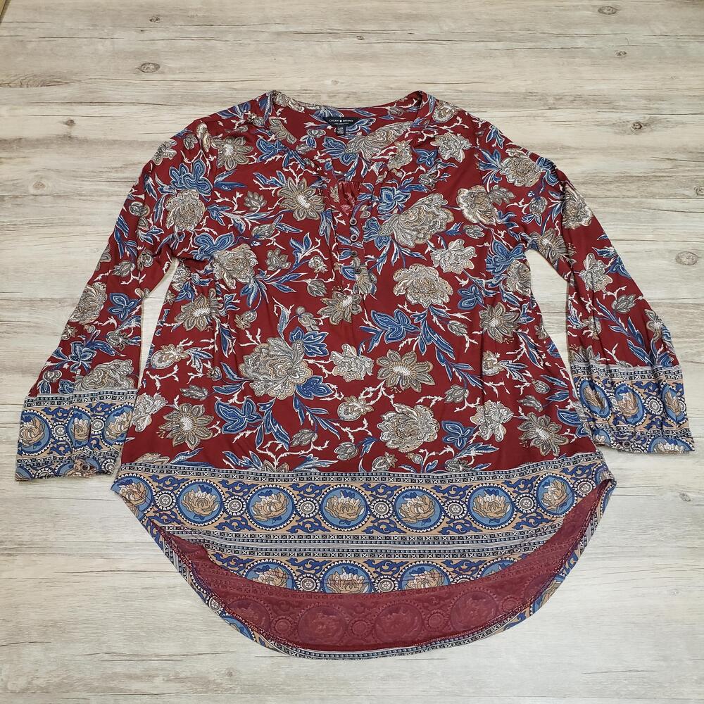 Lucky Brand Blouse Womens Large Red Floral Long Sleeve Boho Tunic Top Rayon